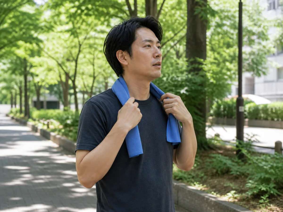 夏の屋外で青い冷却タオルを首に当てる人